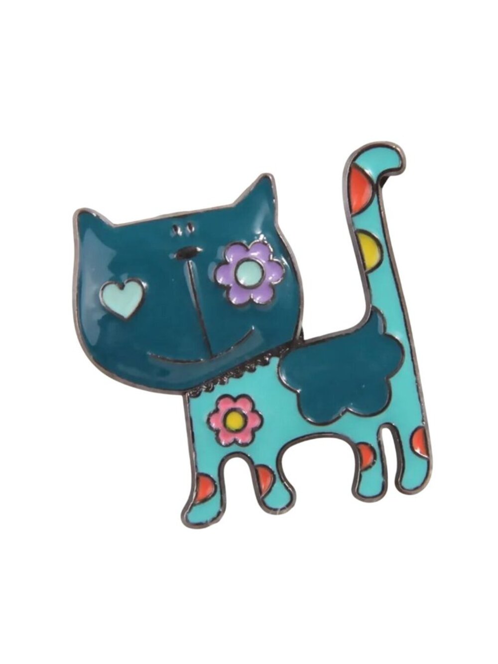 Cute Teal Enamel Kitty Cat Brooch Pin with Flowers & Spots